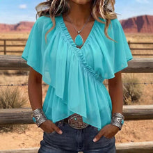 Load image into Gallery viewer, Women's Cross V-Neck Pleated Ruffle Flare Sleeve Chiffon Blouse

