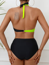 Load image into Gallery viewer, Bikini Black and White Contrast Color Criss Cross Neck 2 Piece Swimsuit for Women – Stylish Medium Stretch Two-Tone Bikini Set with Unique Neckline and Flattering Fit – Modern Swimwear for Beach Days, Pool Lounging, and Summer Escapes
