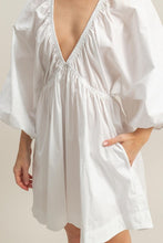 Load image into Gallery viewer, New Plunge Balloon Sleeve Poplin Mini Dress with Pockets For Summer Bold, Elegant, Sexy, Trendy, and Practical with Dramatic Balloon Sleeves and Plunging Neckline for a Fashion-Forward Look
