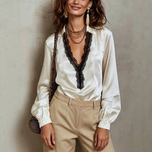 Load image into Gallery viewer, Women's V-Neck Black Lace Patchwork Lantern Sleeve Blouse
