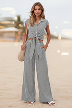 Load image into Gallery viewer, Women's Striped Button-Front Sleeveless Shirt &amp; Wide-Leg Pants Set
