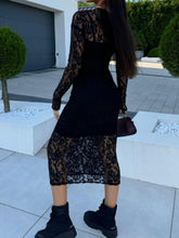 Load image into Gallery viewer, Black Lace Round Neck Long Sleeve Midi Dress Timeless &amp; Elegant Design Women Dress
