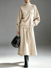 Load image into Gallery viewer, Women's Turtleneck Balloon-Sleeve Knit Top &amp; A-Line Midi Skirt Set with Contrast Topstitching

