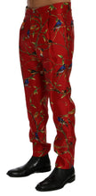Load image into Gallery viewer, Dolce &amp; Gabbana Red Silk Bird Print Dress Pants

