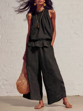 Load image into Gallery viewer, Women's Smocked Neckline Ruffle Hem Linen Tank &amp; Wide-Leg Cropped Pants Set
