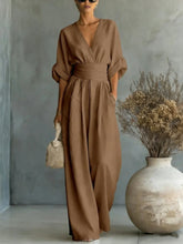 Load image into Gallery viewer, Women's V-Neck Wide-Leg Jumpsuit – High Waist Pleated Elegant
