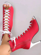 Load image into Gallery viewer, Canvas Lace-Up Peep Toe : Stiletto Ankle Boots
