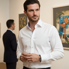 Load image into Gallery viewer, Jason// Cotton Knit-Stretch Button-Up Shirt With Contrast Details // White // Tailored Fit (Fitted)
