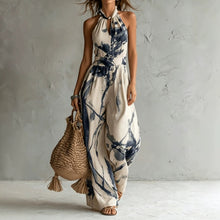 Load image into Gallery viewer, Apricot Ink Print Halter Neck Wide Leg Jumpsuit with Pockets
