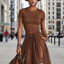 Load image into Gallery viewer, Short-Sleeve Top and Lace-Panel Midi Skirt Set
