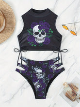 Load image into Gallery viewer, Bikini Skull Print Hollow-Out 2 Piece Swimsuit for Women – Sexy Lace-Up Floral Tie Bathing Suit with Crew Neck – High Stretch Halloween Inspired Bikini Set for Beach Party, Festival, and Summer Vacation
