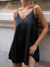 Load image into Gallery viewer, Lace Trim V-Neck Mini Dress – Backless Satin Slip Dress
