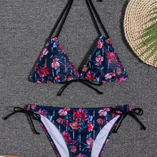 Load image into Gallery viewer, Sunset Bloom 2-Piece Triangle Bikini Set for Women – Vibrant Random Floral Print Halter Neck Swimsuit with Tie-Back Tie-Side Bottoms &amp; High Cut Legs – Women's High-Stretch Swimwear for Summer Beach Escapes
