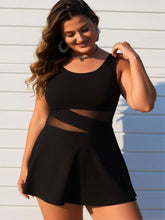 Load image into Gallery viewer, Women's Plus Size Swimdress — Black Mesh Cutout Waist &amp; Flared Skirt

