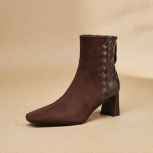 Load image into Gallery viewer, Women's Sheepskin Square Toe Chunky Heel Ankle Boots – Korean Patchwork Style
