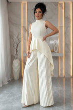 Load image into Gallery viewer, Women's Mock Neck Asymmetric Hi-Lo Peplum Top &amp; Accordion Pleated Wide-Leg Palazzo Pants Set
