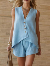 Load image into Gallery viewer, Women's Cotton-Linen V-Neck Button Sleeveless Top &amp; Shorts Set
