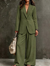 Load image into Gallery viewer, Women's Linen-Look Single-Button Blazer &amp; Wide-Leg Trouser Suit Set
