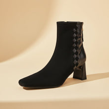 Load image into Gallery viewer, Women's Sheepskin Square Toe Chunky Heel Ankle Boots – Korean Patchwork Style

