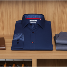 Load image into Gallery viewer, Kevin// Cotton Knit-Stretch Button-Up Shirt With Contrast Details // Navy // Tailored Fit (Fitted)
