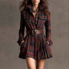 Load image into Gallery viewer, Women's Elegant Plaid Long Sleeve Mini Dress | Belted
