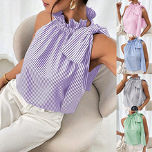 Load image into Gallery viewer, Women's Striped Sleeveless Top – Ruffle High Neck Lace Trim Tie-Knot Bow Blouse
