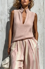 Load image into Gallery viewer, Women's Textured Knit V-Notch Stand Collar Tank &amp; Striped Wide-Leg Palazzo Pants Set
