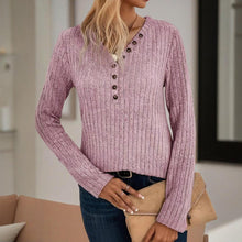 Load image into Gallery viewer, Women's Solid Color Button V-Neck Long Sleeve Knit Top
