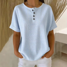 Load image into Gallery viewer, Women's Striped T-Shirt – V-Neck, Button Detail, Loose Fit
