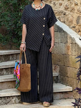 Load image into Gallery viewer, Striped Shirt &amp; Loose Pants Set – Three-Quarter Sleeve Two-Piece
