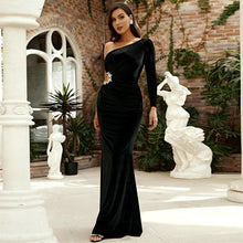 Load image into Gallery viewer, Long Sleeve Diagonal Collar Sexy Cutout Banquet Sheath Velvet Evening Dress
