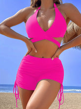 Load image into Gallery viewer, Coastal Curve Halter Bikini Set for Women – V-Neck Crisscross Drawstring Swimsuit with Chic Ring Detail &amp; High-Waisted Boxer Shorts for Summer – Sleek Two-Piece Nylon Swimwear for Women’s Beach &amp; Poolside Style
