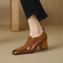 Load image into Gallery viewer, Women's Retro Cowhide Square Toe Chunky Heel Slip-On Pumps
