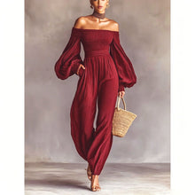 Load image into Gallery viewer, Women's Off-Shoulder Lantern Sleeve Pleated Loose Jumpsuit
