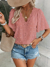 Load image into Gallery viewer, Women's V-Neck Lace-Trim Swiss Dot Short-Sleeve Top – Casual Loose Fit
