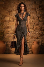 Load image into Gallery viewer, Women's Gothic Vintage Literary Retro Deep V-Neck Spliced Long Dress | Elegant Dark Gray Maxi Dress
