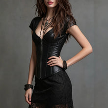 Load image into Gallery viewer, Women's Faux Leather Boned Corset Top – Zip-Front Deep V-Neck Waist Cinching Cap Sleeve
