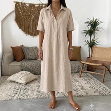Load image into Gallery viewer, Women's Linen Blend Short Sleeve Polo Neck Maxi Dress
