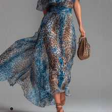 Load image into Gallery viewer, Women's Leopard Print Asymmetrical Shoulder Maxi Dress | Ruffle Waist-Cinching Boho Dress
