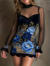 Load image into Gallery viewer, Women's Lace Trim Printed Tulle Bodycon Mini Dress with Bubble Sleeves
