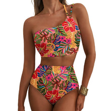 Load image into Gallery viewer, One-Shoulder Floral High-Waisted Bikini Set – Belly-Cinching Two-Piece Swimsuit
