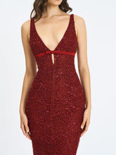 Load image into Gallery viewer, Elora Crimson Sequin Beaded Keyhole Maxi Dress
