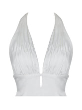 Load image into Gallery viewer, Solene Pleated Halter Backless Feather-Trim Maxi Dress
