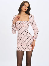 Load image into Gallery viewer, Perla Baby Pink Ruched Bust Velvet-Embossed Bow Mini Dress

