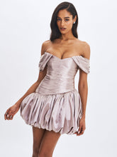Load image into Gallery viewer, Milena Champagne Ruched Asymmetrical Bubble Mini Dress
