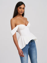 Load image into Gallery viewer, Qistina White Off-shoulder Bubble Hem Peplum Cotton Top
