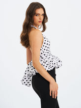 Load image into Gallery viewer, Ilene White and Black Polka Dot Bubble Hem Halter Top
