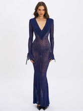 Load image into Gallery viewer, Ilyse Navy V-Neck Plunge Animal Print Mermaid Hem Maxi Dress

