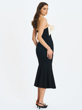 Load image into Gallery viewer, Saige Black Mermaid Midi Dress with Ivory Bow Bustline
