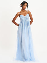 Load image into Gallery viewer, Wallie Baby Blue Rhinestone Embellished Mesh Backless Gown
